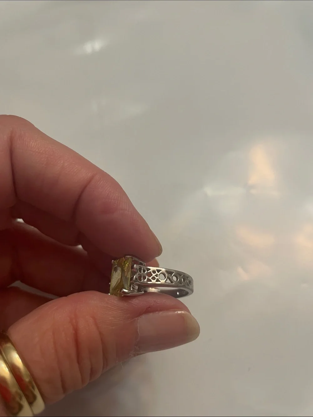 Lia Sophia Silver Ring with Square Lemon-Green Stone